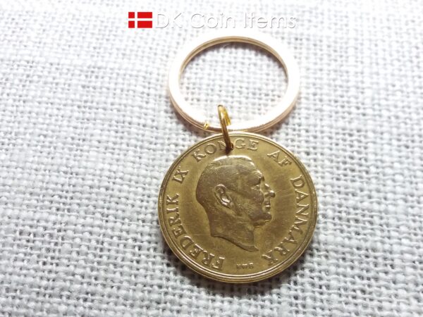 Denmark 1951 Crown Coat of Arms coin keychain with 73 year old golden 2 kroner as coin pendant. 73rd birthday gift. Danish vintage souvenir