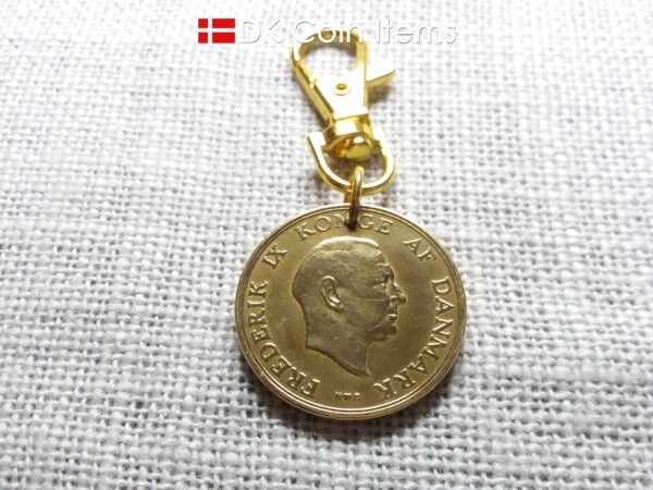 Denmark 1951 Crown Coat of Arms coin charm with 73 year old golden 2 kroner as coin pendant. 73rd birthday gift. Danish vintage souvenir