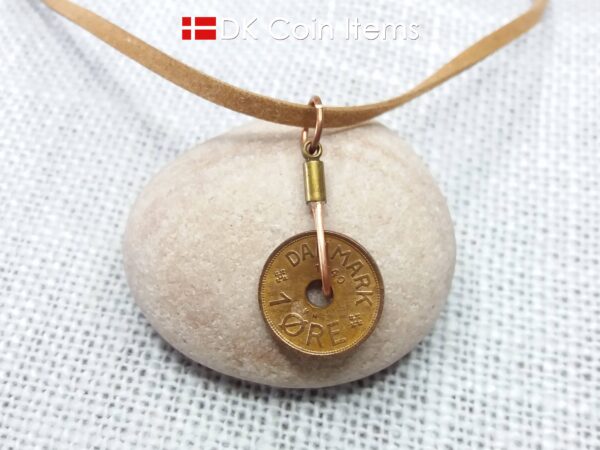 Denmark 1940 Crown C-initial coin necklace with 85 year old copper 1 ore as pendant. 84th birthday gift. Danish vintage souvenir gift