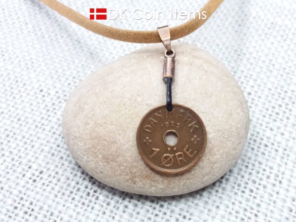 Denmark 1929 Crown C-initial coin necklace with 95 year old copper 1 ore as pendant. 95th birthday gift. Danish vintage souvenir gift