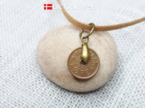 Denmark Crown C-initial 1929 coin necklace with 95 year old copper 1 ore as pendant. 95th birthday gift. Danish vintage souvenir gift