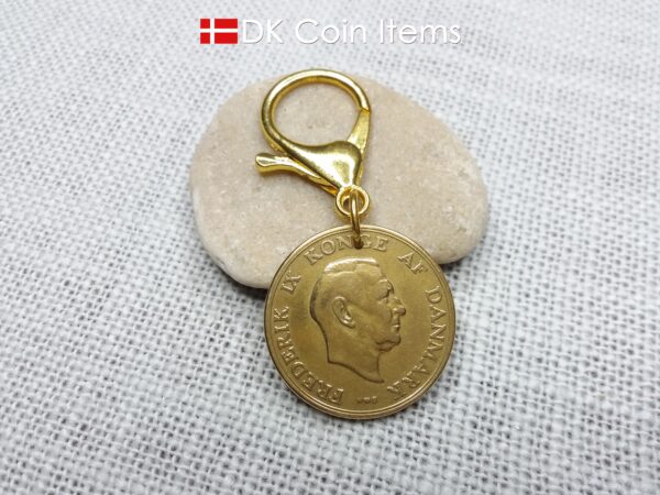 Denmark 1951 coin charm with 73 year old golden Crown Coat of Arms 2 kroner as coin pendant. 73rd birthday gift. Danish vintage souvenir