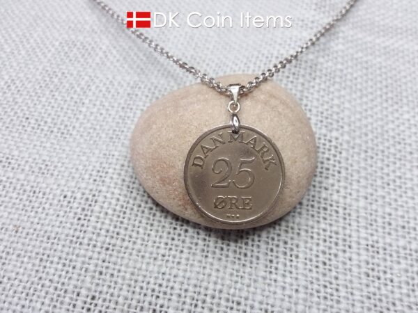 Denmark R-initial 1950 coin necklace with 74 year old 25 ore as coin pendant on pinch bail with snap lock. Cord/Chain options