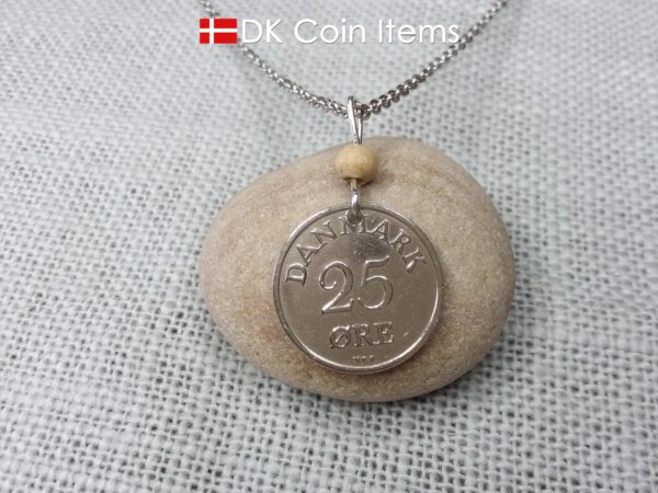 Denmark R-initial 1950 coin necklace with 74 year old 25 ore as coin pendant on wire with tree bead. Cord/Chain options