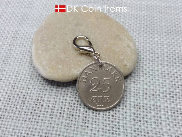 Denmark R-initial 1950 coin charm with 74 year old 25 ore as coin pendant on 18mm lobster claw clasp