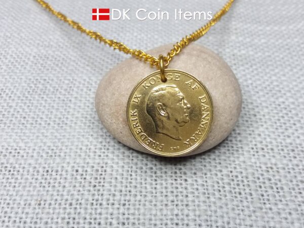 Denmark 1957 coin necklace with golden 67 year old Coat of Arms 1 krone as coin pendant. Cord/Chain options