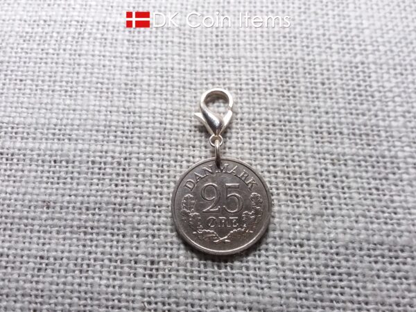 Denmark 1962 R-initial coin charm with 62 year old 25 ore as coin pendant on 18mm lobster claw clasp