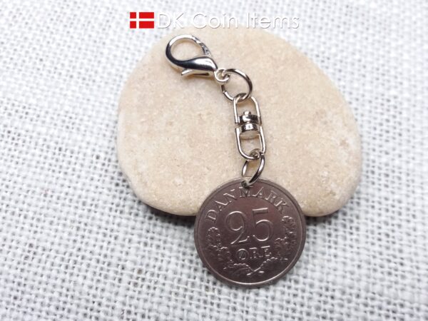 Denmark 1962 R-initial coin charm with 62 year old 25 ore as coin pendant on swivel unit and lobster claw clasp