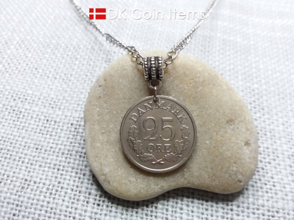 Denmark 1961 coin necklace with 63 year old Crown R initial 25 ore as coin pendant. 63rd birthday gift. Danish vintage souvenir