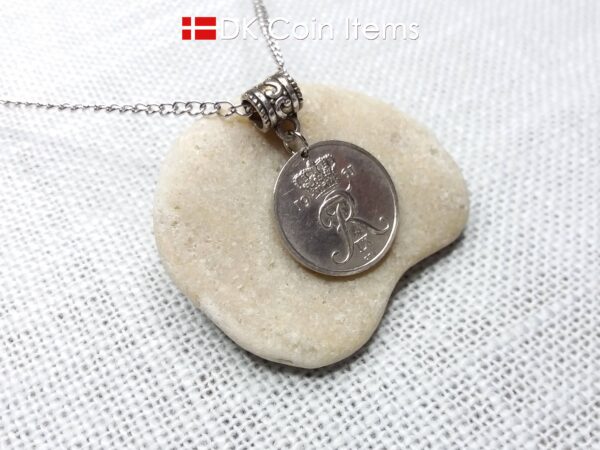 Denmark 1961 coin necklace. 63 year old Crown R initial 25 ore as coin pendant. 63rd birthday gift. Danish vintage souvenir