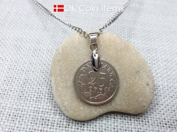 Denmark 1961 coin pendant necklace with 63 year old Crown R initial 25 ore. 63rd birthday gift. Danish vintage souvenir