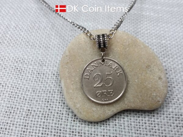 Denmark 1958 coin pendant necklace with 66 year old Crown R initial 25 ore as coin pendant. 66th birthday gift. Danish vintage souvenir