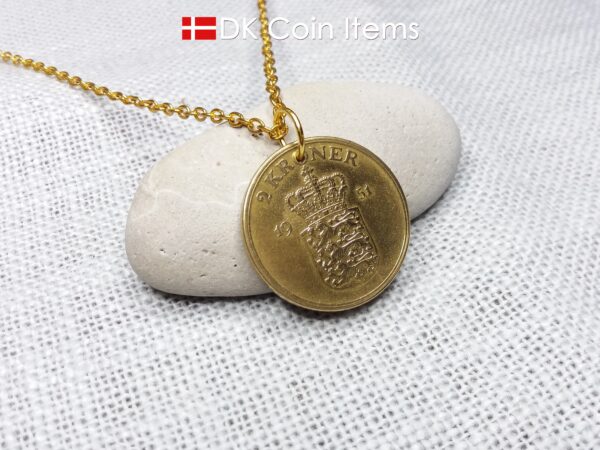 Denmark 1951 coin necklace with 73 year old golden Coat of Arms coin pendant with Royal Crown 2 krone. 73rd birthday gift. Vintage souvenir