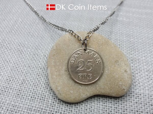 Denmark 1955 coin pendant necklace with 69 year old Crown R initial 25 ore as coin pendant. 69th birthday gift. Danish vintage souvenir