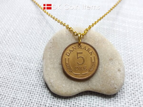 Denmark 1963 coin pendant necklace with Crown R initial. 61 year old 5 ore. 61st birthday gift. Danish vintage souvenir