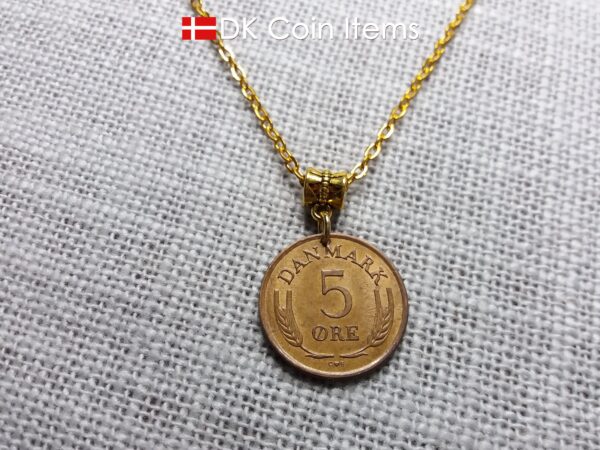 Denmark 1963 coin necklace with Crown R initial. 61 year old 5 ore pendant. 61st birthday gift. Danish vintage souvenir