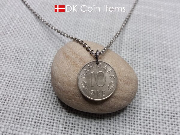 Denmark 1977 coin pendant necklace with Crown M initial. 47 year old 10 ore. 47th birthday gift. Danish vintage souvenir