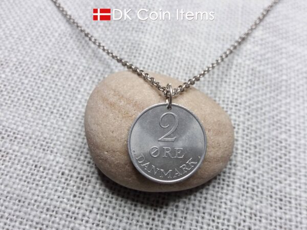 Denmark 1970 coin necklace with 54 year old Crown R initial 2 ore as coin pendant. Unique 54th birthday gift or Danish vintage souvenir