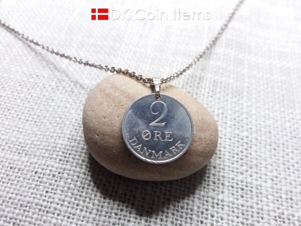 Denmark 1970 coin pendant necklace with 54 year old Crown R initial 2 ore. Unique 54th birthday gift or Danish vintage souvenir