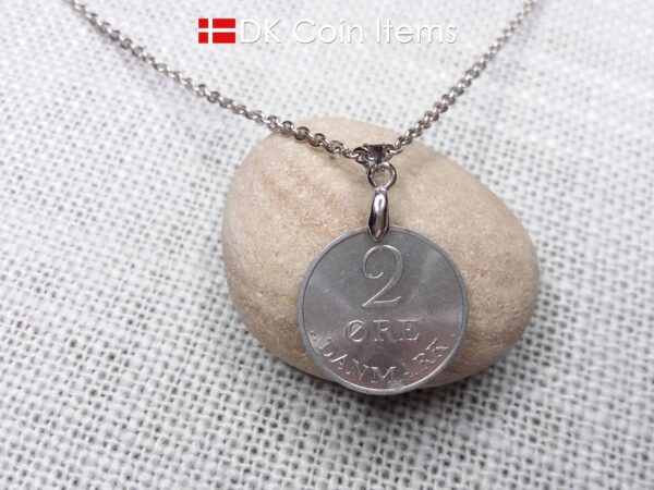 1970 coin pendant necklace with 54 year old Danish Crown R initial 2 ore. Unique 54th birthday gift or Danish vintage souvenir