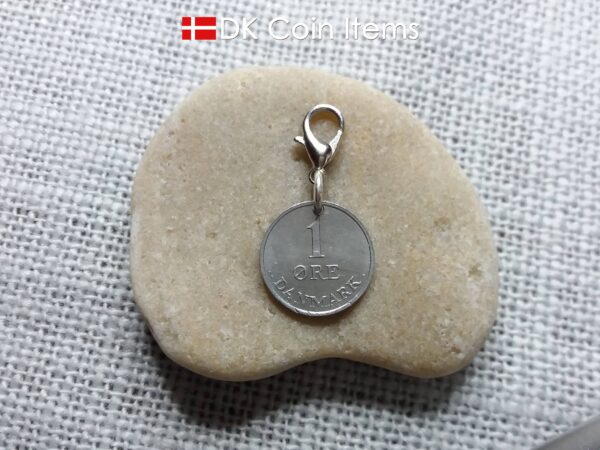 Denmark 1970 coin charm with 54 year old Crown R initial 1 ore as coin pendant. Unique 54th birthday gift or Danish vintage souvenir