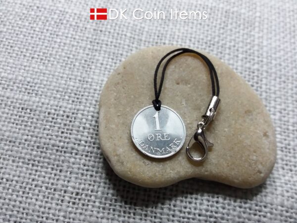 Denmark 1970 coin pendant charm with 54 year old Crown R initial 1 ore. Unique 54th birthday gift or Danish vintage souvenir