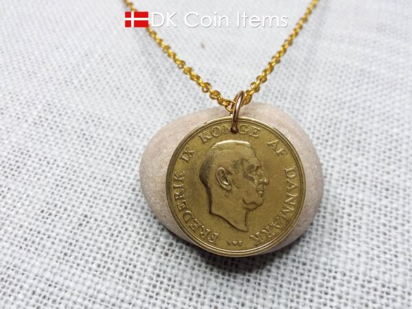 Denmark 1952 coin necklace with 72 year old golden Coat of Arms coin pendant with Royal Crown 2 krone. 72nd birthday gift. Vintage souvenir