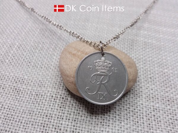 Danish 5 ore coin pendant necklace. 61 year old Crown R initial coin from Denmark 1963. Unique 5th anniversary gift or 61st birthday gift