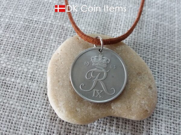 Coin necklace with Danish 5 ore 1963. Crown R initial on 61 year old coin from Denmark. Unique 5th anniversary gift or 61st birthday gift