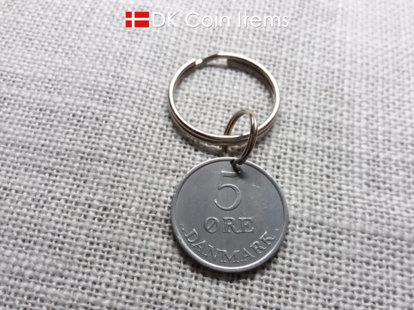 Denmark 1963 coin keychain with 61 year old Crown R initial 5 ore as coin pendant. Unique 61st birthday gift or Danish vintage souvenir