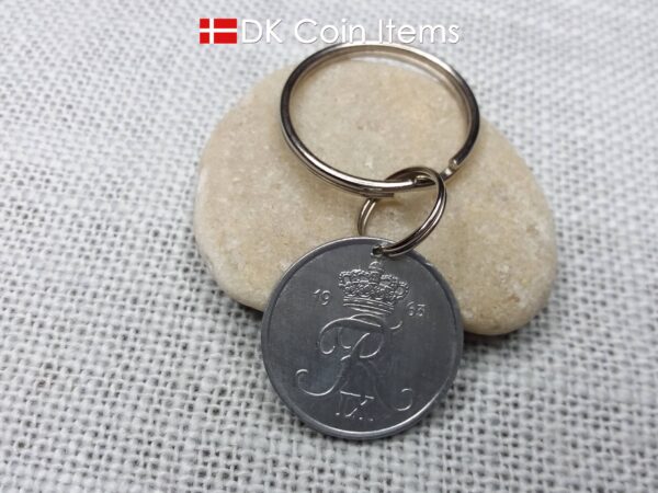 Danish 5 ore coin pendant keychain. 61 year old Crown R initial coin from Denmark 1963. Unique 5th anniversary gift or 61st birthday gift