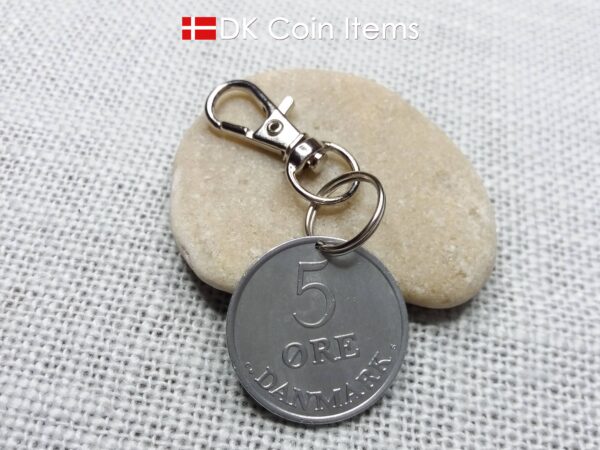 Denmark 1963 coin charm with 61 year old Crown R initial 5 ore as coin pendant. Unique 61st birthday gift or Danish vintage souvenir