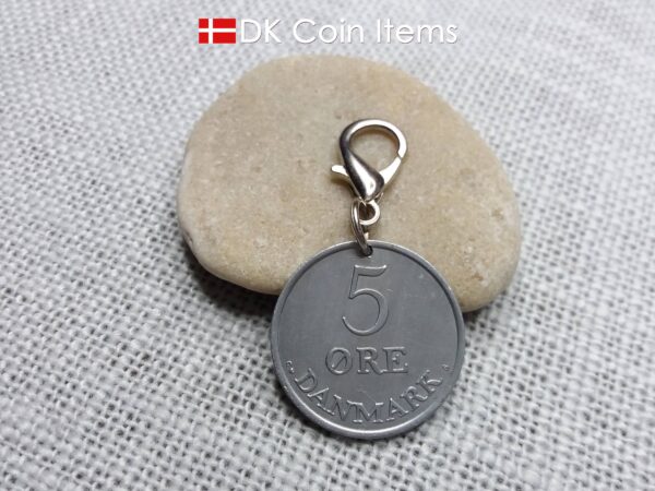 Danish Crown R coin keychain with 61 year old 5 ore 1963 as coin pendant on lobster claw. Vintage souvenir from Denmark