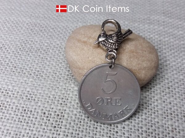 1963 Crown R coin charm with 61 year old 5 ore from Denmark as coin pendant on parrot trigger clip. Danish Vintage souvenir