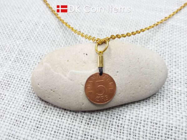 Denmark 1977 coin necklace with 47 year old Crown M initial 5 ore as coin pendant. 47th birthday gift. Danish vintage souvenir