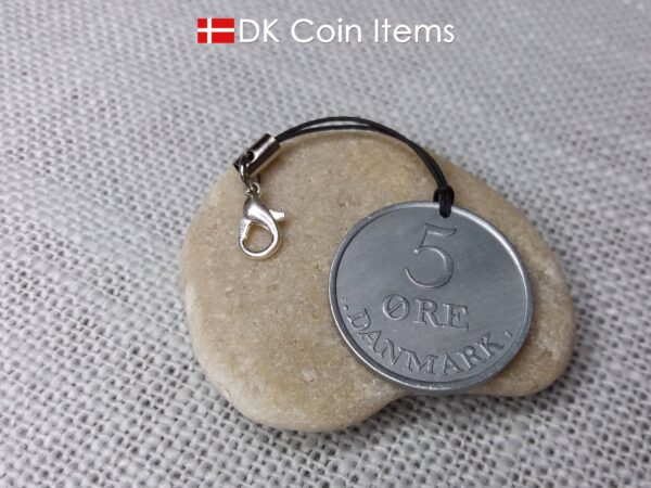 R initial coin charm with 61 year old 5 ore from Denmark as coin pendant on lariat cord strap. Danish 1963 vintage souvenir