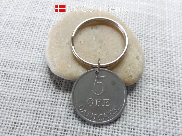 Denmark 1960 Crown R initial coin keychain with 64 year old 5 ore as coin pendant. Unique 64th birthday gift or Danish vintage souvenir