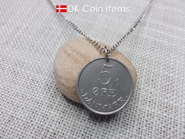 Denmark 1960 Crown R initial coin necklace with 64 year old 5 ore as coin pendant. Unique 64th birthday gift or Danish vintage souvenir