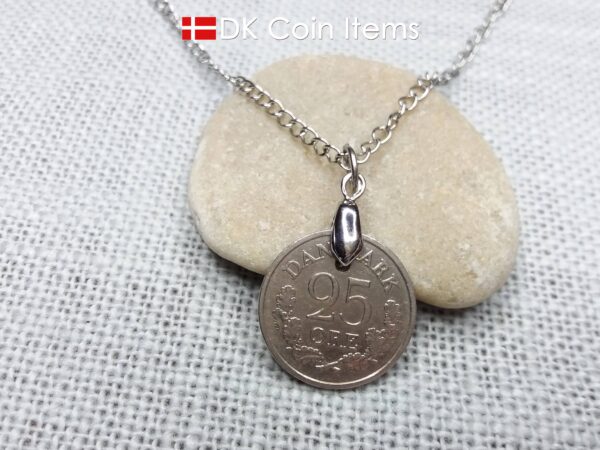 Crown R coin necklace with 63 year old Danish 5 ore 1961 as coin pendant on pinch bail. Vintage souvenir from Denmark