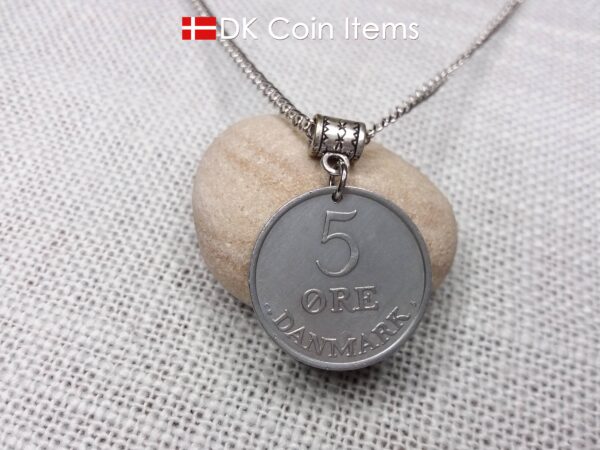 Denmark 1963 Crown R coin necklace with 61 year old 5 ore as coin pendant. Unique 61st birthday gift or Danish vintage souvenir