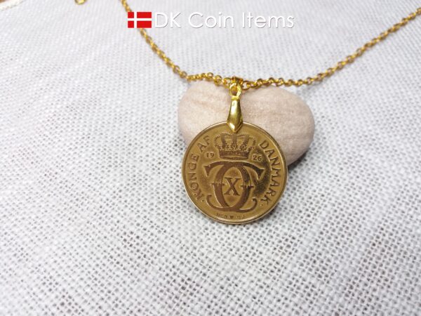 Denmark C-initial coin necklace with antique 1926 2 kroner as coin pendant. Golden 98 year old Danish Royal Crown coin. Unique souvenir gift