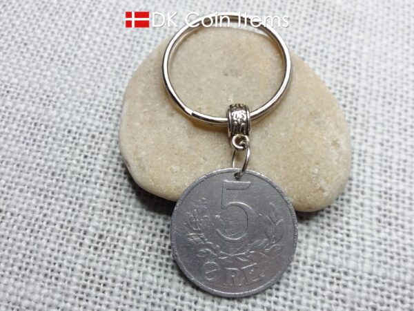 Denmark 1941 coin keychain with 83 year old Crown C initial 5 ore as coin pendant. 83rd birthday gift. Antique Danish vintage souvenir gift