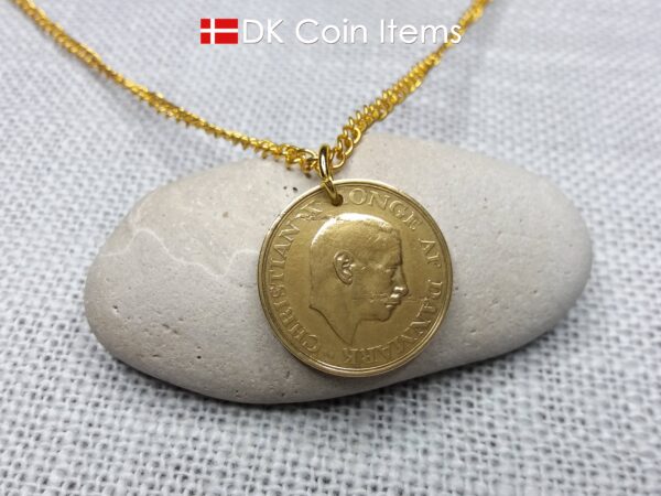 Denmark 1945 coin necklace with 79 year old golden 1 krone coin pendant. 79th birthday gift, 1st anniversary gift, Danish vintage souvenir