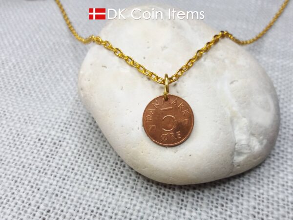 Denmark 1988 coin necklace with 36 year old Crown M initial 5 ore as coin pendant. 36th birthday gift. Danish vintage souvenir