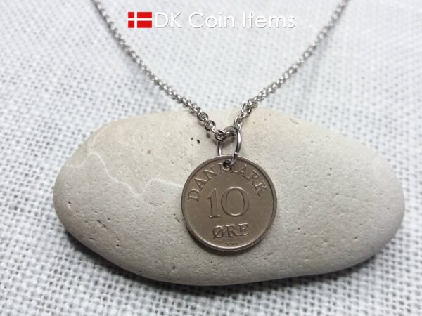 Denmark 1949 coin necklace with 75 year old Crown R initial 10 ore as coin pendant. 75th birthday gift. Danish vintage souvenir