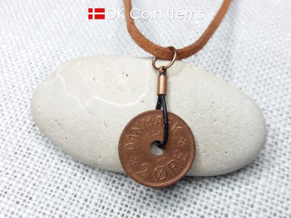 Antique Crown C-initial 1928 coin necklace with 96 year old Danish copper 2 ore as coin pendant in leather strap. Denmark Vintage souvenir