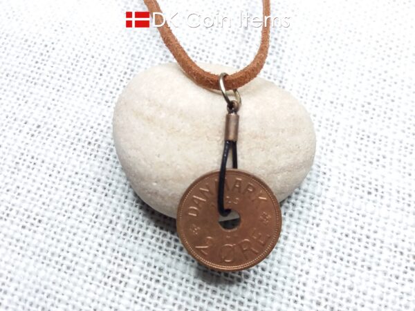 Antique Crown C-initial 1929 coin necklace with 95 year old Danish copper 2 ore as coin pendant in leather strap. Denmark Vintage souvenir