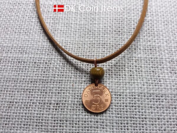 Crown M-initial 1973 coin necklace with 51 year old Danish 5 ore as coin pendant. 51st birthday gift. Danish vintage souvenir