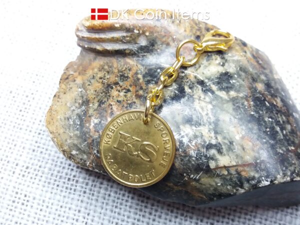 Danish Coin charm with the Little Mermaid sculpture in Copenhagen on vintage 1966-1967 fare token as pendant