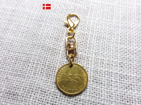 Danish Coin charm with the Little Mermaid sculpture in Copenhagen on vintage 1966-1967 fare token as pendant